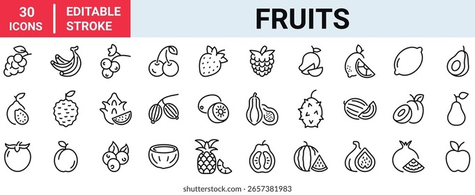 Ícones de linha da Web de frutas e legumes. Produtos hortícolas e bagas. Traçado editável. Ilustração vetorial