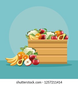 Fruits and vegetables in wooden box
