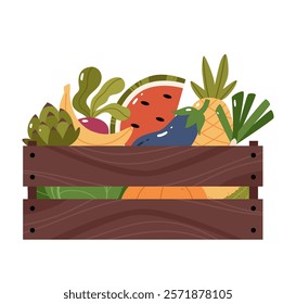 Fruits and vegetables in a wooden box. Artichoke, watermelon, cabbage, pumpkin, pineapple, eggplant, beetroot, radish, onion. The concept of the harvest