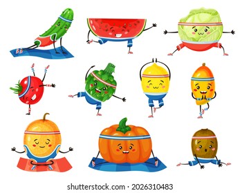 Fruits and vegetables in yoga poses. Cute melon and lemon meditating. Healthy fruit and vegetable characters doing fitness exercises vector set. Comic veggies doing splits, push ups and dancing