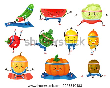 Fruits and vegetables in yoga poses. Cute melon and lemon meditating. Healthy fruit and vegetable characters doing fitness exercises vector set. Comic veggies doing splits, push ups and dancing