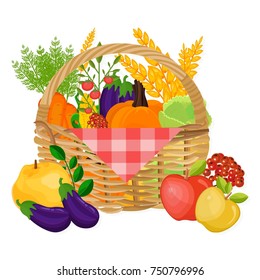 Fruits and veggies in a basket autumn harvest. Seasonal templates vector