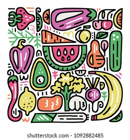 Fruits and veggies colourful collection. Organic and healthy food concept. Handdrawn vector illustration for signboards, menu and banner designs.