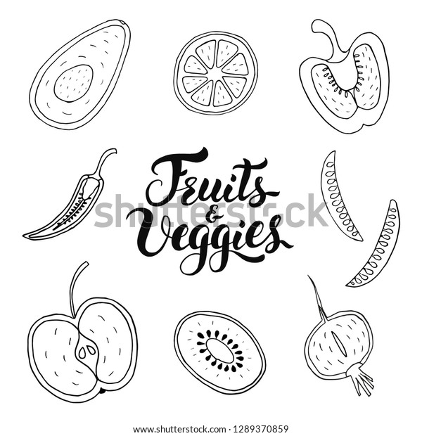 Fruits Veggies Hand Drawn Set Stock Vector (Royalty Free) 1289370859