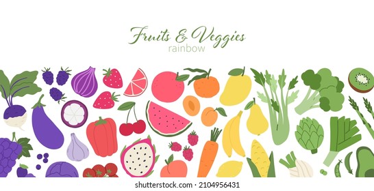 Fruits And Veggies Rainbow Banner. Plant-based Food Pattern.