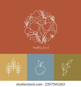 Emblema vectorial de frutas y verduras. Concepto de cartón para el mercado local de alimentos saludables.  Ilustración del logotipo de alimentos sanos o productos naturales.  Círculo hecho de frutas. Variaciones coloridas.