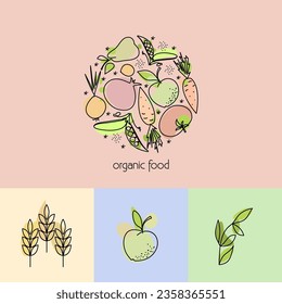 Emblema vectorial de frutas y verduras. Concepto de cartón para el mercado local de alimentos saludables.  Ilustración del logotipo de alimentos sanos o productos naturales.  Círculo hecho de frutas. Variaciones coloridas.