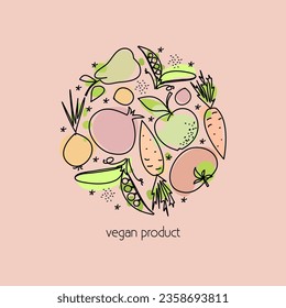 Emblema vectorial de frutas y verduras. Productos veganos. Concepto de cartón para el mercado local de alimentos saludables.  Ilustración del logotipo de alimentos sanos o productos naturales.  Círculo hecho de frutas. Variaciones coloridas.