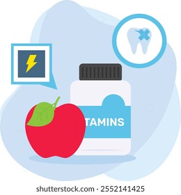 Frutas vitamina C ayudan a proteger las encías de la inflamación, concepto de sangrado infeccioso Manzana son Naturalezas Diseño de ícono de Vector de cepillo de dientes, símbolo de odontología, signo de atención médica, ilustración de instrumento dental