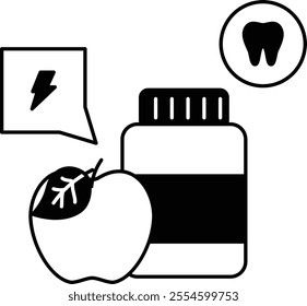 Fruits vitamin C help protect the gums from inflammation, infection bleeding concept Apple are Natures Toothbrush vector icon design Odontology symbol, manual dexterity sign Dentist tools illustration