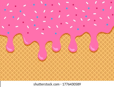 Fruits waffle background with pink ice cream flowing down, wafer textured. Vector illustration