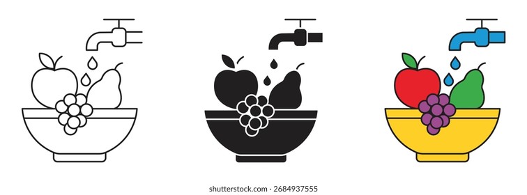 Conjunto de iconos de lavado de frutas, ilustraciones de productos limpios para la seguridad alimentaria y la higiene. Lávese bien antes de ingerir la etiqueta del Vector. Grifo de agua y lavar las frutas en un icono de tazón.