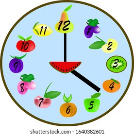 fruit's watchconsists from pear, grapes, apples, plum, kiwi, lemon, apricot, cherry and slice of watermelon in the middle, on the light blue background