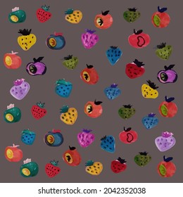 Fruits. Watercolor fruits painted in a naive childish style. Apples, strawberries, raspberries. Isolated vector objects.