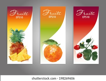 Fruits. watercolor vector fruits background with orange, pineapple and strawberry