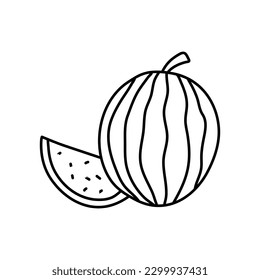 Fruits watermelon doodle. Watermelon Fruit icon. Black and white doodle cartoon, vector illustration.