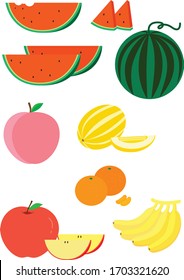 Frutas: sandía, melón, manzana, plátano, mandarina, melón oriental