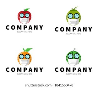 Fruits wear masks and glasses, Logo Concept. Apple, Coconut, Orange, Watermelon Vector Design Illustration. Symbol and Icon Vector Template.