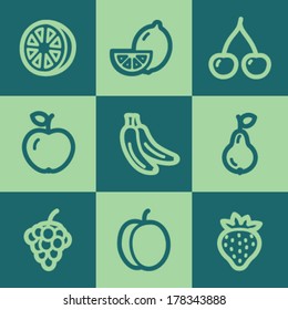 Fruits web icons, green square buttons set