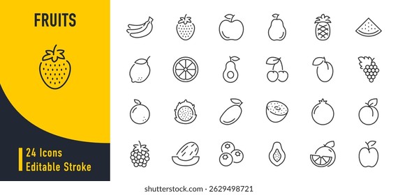 Fruits web icons in line style. Banana, mango, pear, apple, papaya, pineapple, avocado, longan, orange, collection. Vector illustration.