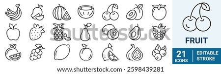 Fruits web line icons. Vegetables and berries. Editable stroke. Vector illustration
