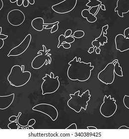 Fruits white contour seamless pattern for your design, art or package on black grunge background