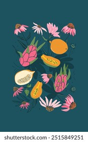 Fruits and wildflowers background. Sweet granadilla, dragonfruit and coneflowers dark poster. Dark tropical card. Vector hand drawn flat illustration