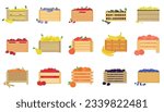 Fruits in wooden boxes and crates. Box with fruit, berries in crate. Wood organic market pack, harvest fresh agriculture ingredients, decent vector set