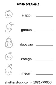 Fruits word scramble for kids. Sort letters into correct order. Worksheet for children.