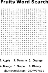 Fruits Word Search Puzzle Apple, Banana, Orange, Mango, Grape, Cherry