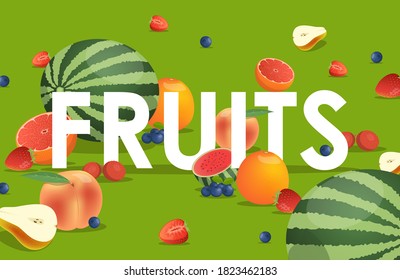 Fruits word vector cartoon banner design. Watermelons, pears, peaches, grapefruits, blueberries, and strawberries illustration. Fruits and berries poster template for restaurant or cafe.