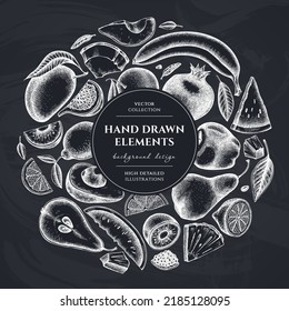 Fruits wreath design. Hand drawn bananas, pears, kiwi etc.