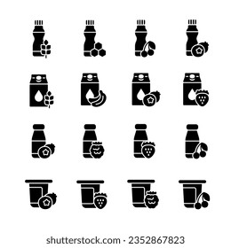 Fruits yogurt set vector glyph icon. Dairy products sign. Graph symbol for cooking web site and apps design, logo, app, UI