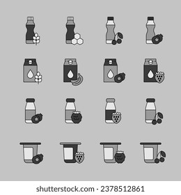 Fruits yogurt set vector grayscale icon. Dairy products sign. Graph symbol for cooking web site and apps design, logo, app, UI