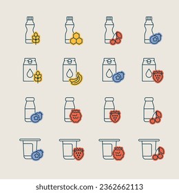 Fruits yogurt set vector icon. Dairy products sign. Graph symbol for cooking web site and apps design, logo, app, UI