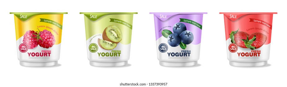 Fruits yogurt set Vector realistic. Berry, raspberry and kiwi collections