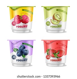 Fruits yogurt set Vector realistic. Berry, raspberry and kiwi collections