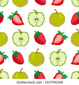 Fruits.Apples and strawberries seamless pattern. Pixel Embroidery. Square. Vector