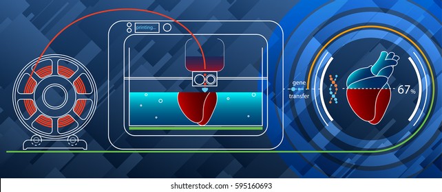 Fruitshake concept. 3D printing a human heart on a 3D printer for DNA. On a 3D printer prints human heart in a special container. The prototype of the heart is depicted next..