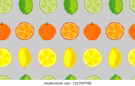 Fruits.Lime, lemon and orange seamless pattern. Pixel
Vector. Embroidery
