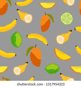 Fruits.Mango, banana and lime seamless pattern. Pixel
Vector. Embroidery