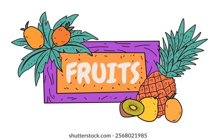 Fruit-themed design featuring tropical fruits including pineapple kiwi lemon with green leaves on a purple background. Bright colors and playful style