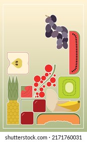 Fruit-themed geometric vector illustration in a puzzle-like video game pattern. All pieces separate.