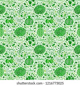 Fruit,vegetable green seamless pattern. Fresh, vegan, detox,nature,gluten free,eco,bio elegant handdrawn lettering inscription. Broccoli, garnet, pea, lime, pineapple, salad leaf EPS 10 vector background