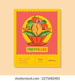 fruity blend coffee label orange and plum fruits splashing on coffee dripper represent fruity taste note coffee.
