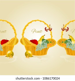 Fruity border seamless background with fruit in a wicker basket healthy food  vintage vector illustration  for use in interior design, artwork, dishes, clothing, packaging editable hand draw