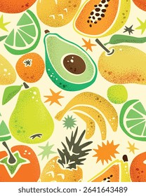 Fruity colorful seamless pattern. Vector repeatable design of healthy eating tropical fruits.