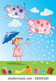 Fruity cows. The vector illustration of Yogurt-cows flying in the sky...