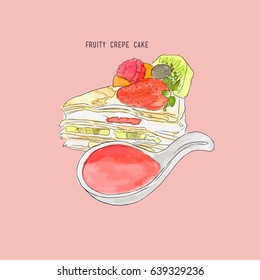 fruity crepe cake with fresh strawberry kiwi peach blueberry and raspberry, water color sketch vector.