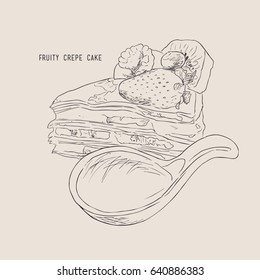 fruity crepe cake with fresh strawberry kiwi peach blueberry and raspberry, water color sketch vector.